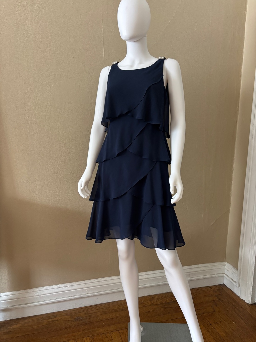 Classy Navy Blue Ruffle Chiffon Slip Modest Knee High Mini Cocktail Party Dress